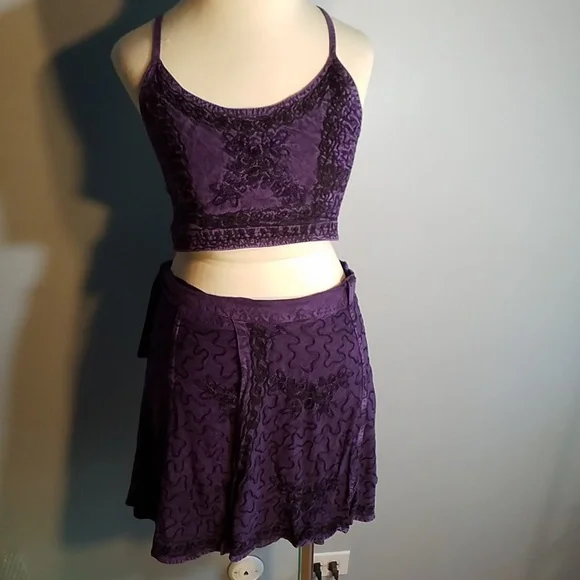 Halter and Wrap Skirt Set India Embroidered Purple Free Size - Picture 1 of 10